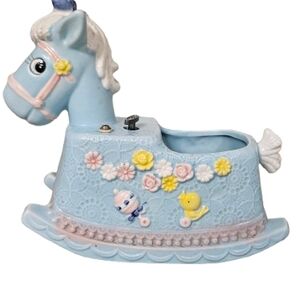 Vintage Napco Rocking Horse Ceramic Planter Blue Nursery Decor